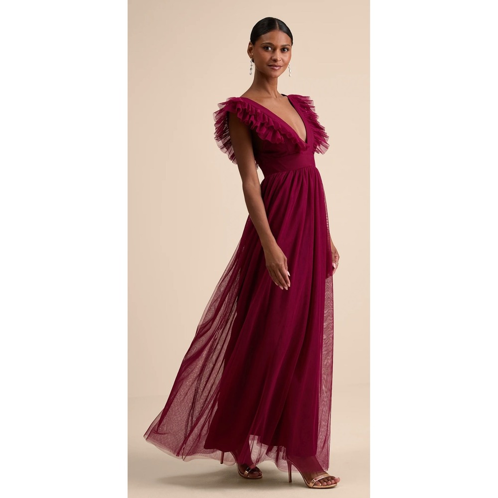 Lulus Simply Delighted Burgundy Mesh Ruffled Backless Maxi Dress XL